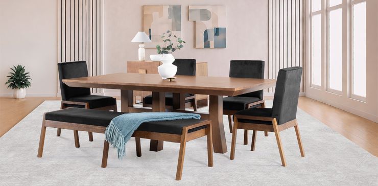 Comedor 220 x 110 cm Kansas con 4 Sillas y Banca 180 cm Negro