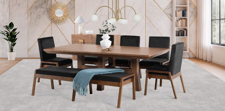 Comedor 220 x 110 cm Kansas con 5 Sillas y Banca 180 cm Negro