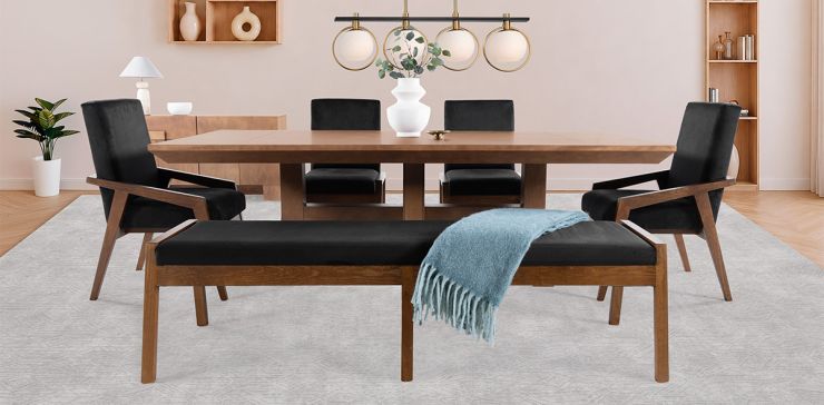 Comedor 220 x 110 cm Kansas con 2 Sillas, 2 Sillones y Banca 180 cm Negro