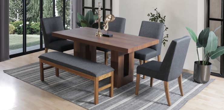 Comedor Marbella Parota con 4 Sillas y Banca Gris Oxford