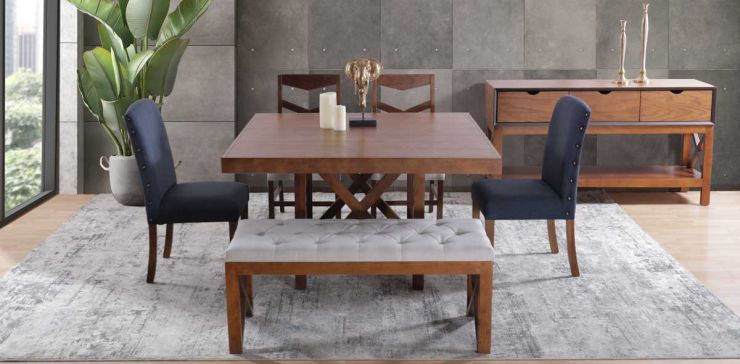 Comedor Mika con 2 Sillas Azul Tapizada, 2 Sillas y Banca Beige