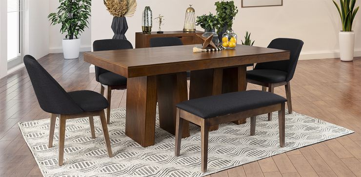 Comedor Rectangular 180 cm Odette New con 4 Sillas y 1 Banca Gris Oxford