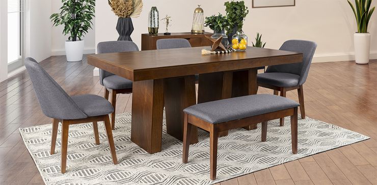 Comedor Rectangular 180 cm Odette New con 4 Sillas y 1 Banca Gris Plata