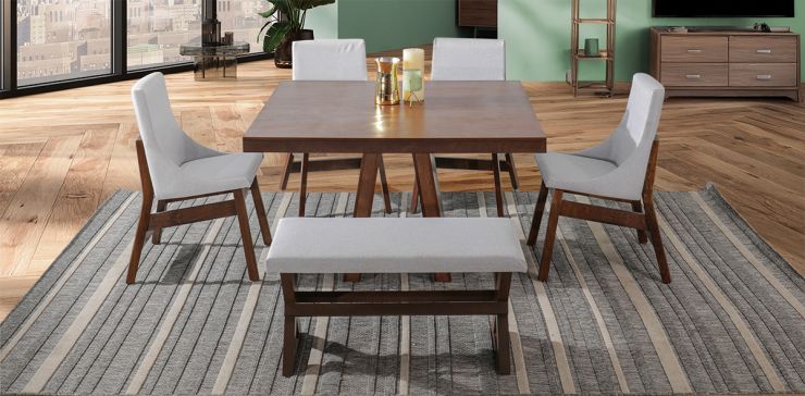 Comedor Cuadrado 120 cm Odette con 4 Sillas y Banca Gris Claro