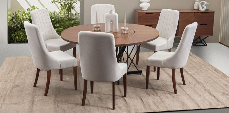 Comedor Redondo Piastri con 6 Sillas Beige