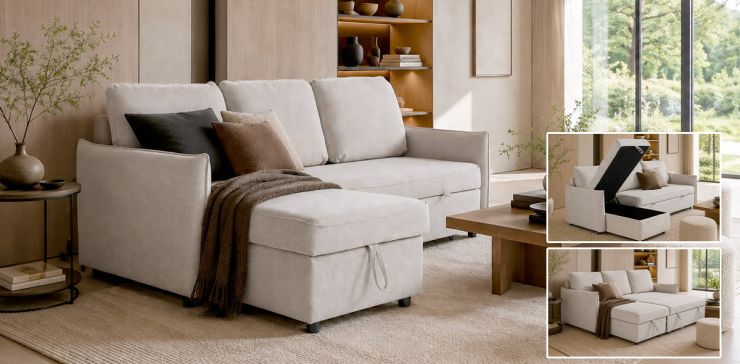 Sala en L con Sofá Cama Oliver Beige