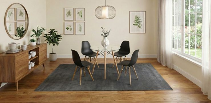 Comedor Redondo Cubierta de Cristal 80 cm Oslo Natural y 4 Sillas Atlas Negro