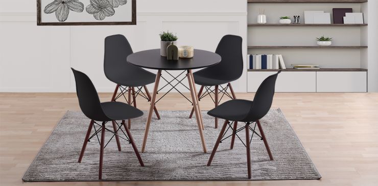 Comedor Redondo Oslo Negro y 4 Sillas Atlas Negro
