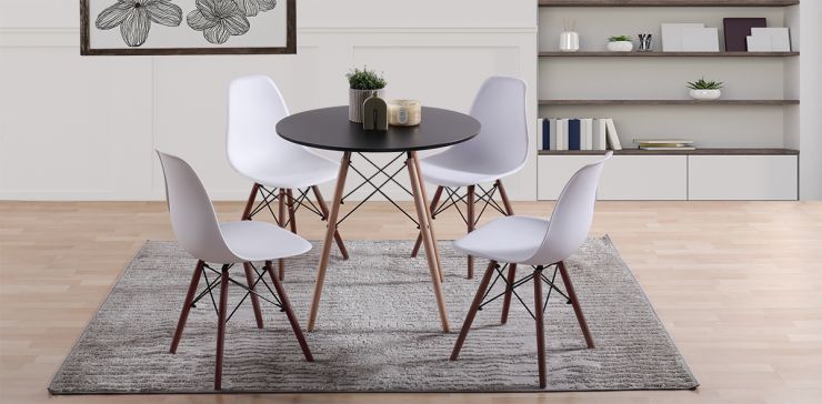 Comedor Redondo Oslo Negro y 4 Sillas Atlas Blanco