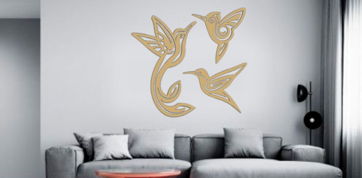 Set de 3 Figuras Decorativas para Pared Colibrís Dorado
