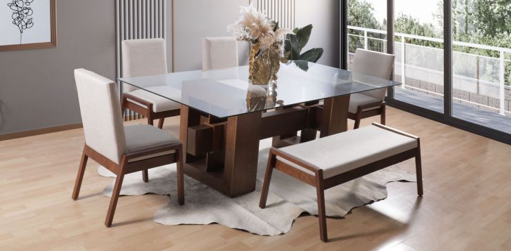 Comedor Rectangular 220 cm Berlín con 4 Sillas y 1 Banca Beige 