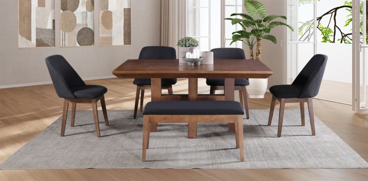 Comedor Rectangular Kansas con 4 Sillas y Banca Olaf Gris Oxford