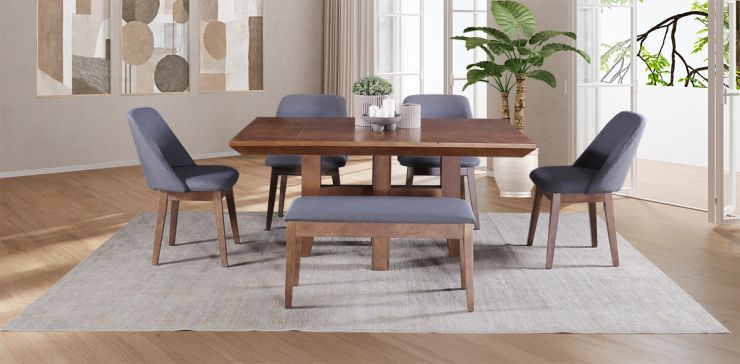 Comedor Rectangular Kansas con 4 Sillas y Banca Olaf Gris