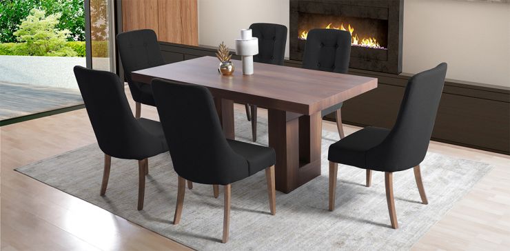 Comedor Rectangular 180 cm Marbella Parota con 6 Sillas Atenea Gris Oxford