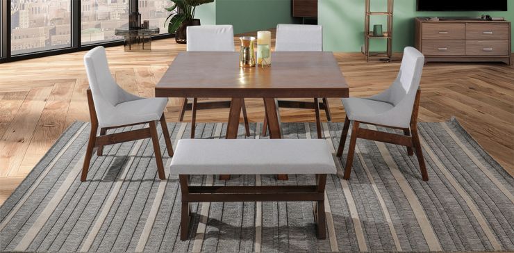 Comedor Cuadrado 120 cm Odette New con 4 Sillas y Banca Gris Claro