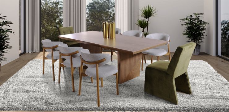 Comedor Rectangular 240 cm Nogal Spezza con 2 Sillas Spezza y 6 Sillas Lynnea Gris