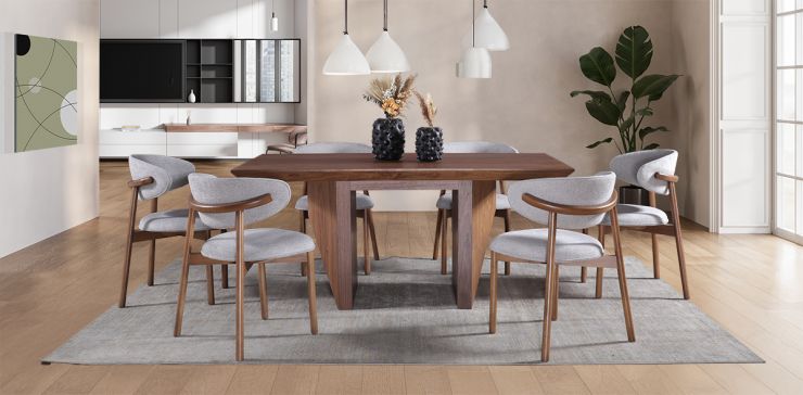 Comedor 180 cm Nogal Spezza con 6 Sillas Lynnea Gris