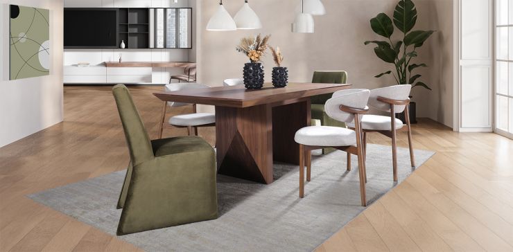 Comedor Rectangular 180 cm Nogal Spezza con 2 Sillas Spezza y 4 Sillas Lynnea Beige