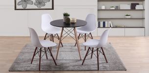 Comedor Redondo Oslo Negro y 4 Sillas Atlas Blanco
