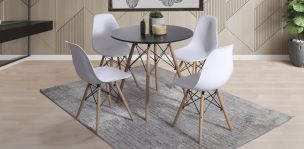 Comedor Redondo 80 cm Oslo Negro y 4 Sillas Atlas In Blanco