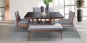 Comedor Rectangular Leiden Negro con 4 Sillas y Banca Gris