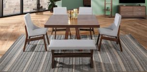 Comedor Cuadrado 120 cm Odette New con 4 Sillas y Banca Gris Claro