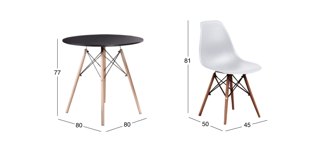Comedor Redondo Oslo Negro y 4 Sillas Atlas Blanco