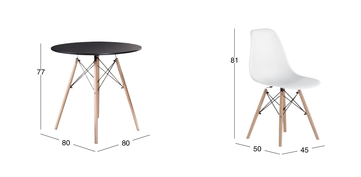 Comedor Redondo 80 cm Oslo Negro y 4 Sillas Atlas In Blanco