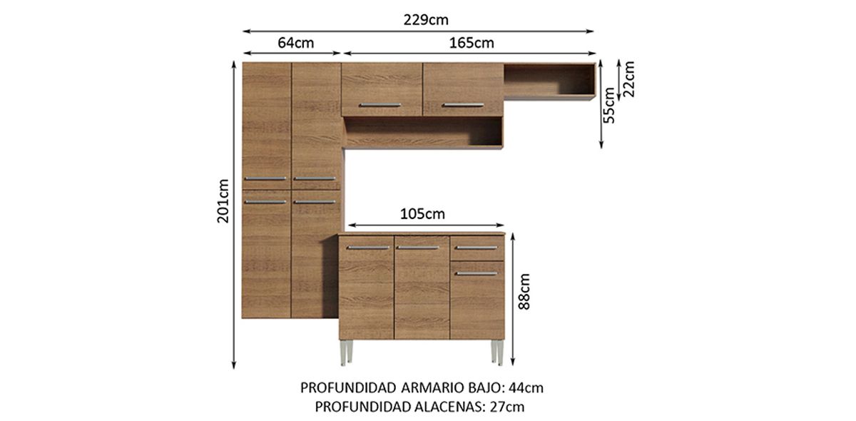 Cocina 229 cm Emilly Fit Café