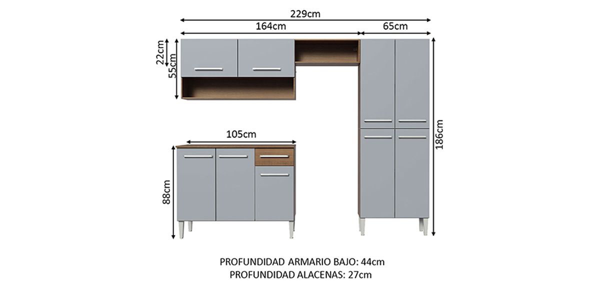 Cocina 229 cm Emilly Pop Gris