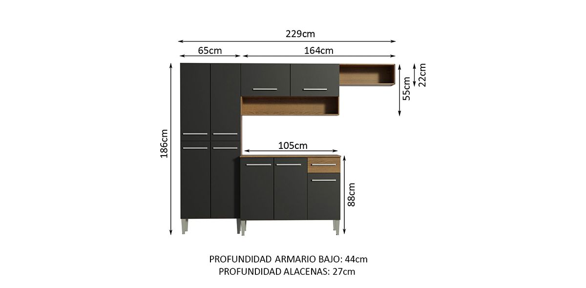 Cocina 229 Cm Emilly Top Negro