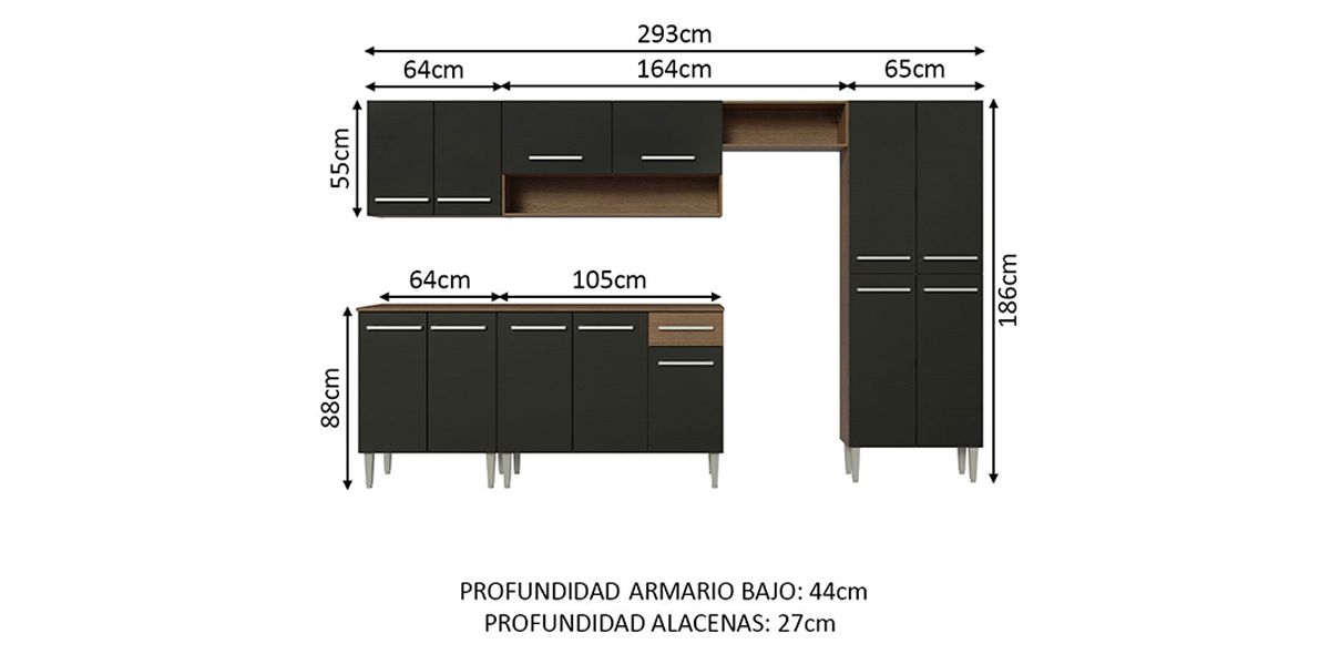Cocina 293 cm Emilly Negro