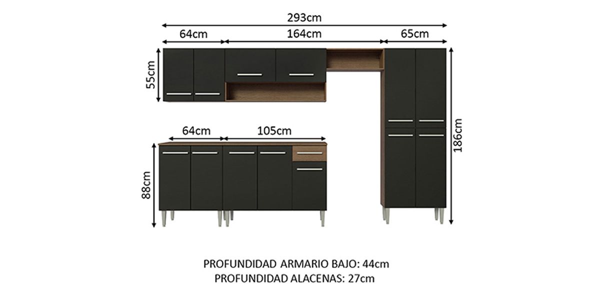 Cocina 293 cm Emilly Negro II
