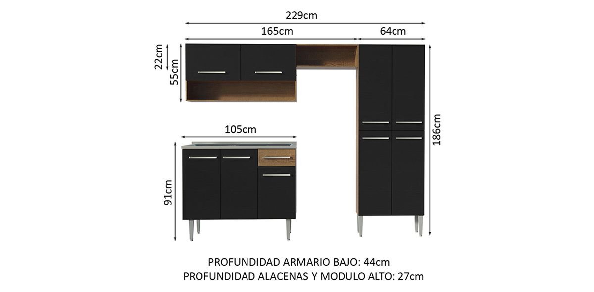Cocina 229 cm Emilly Negro