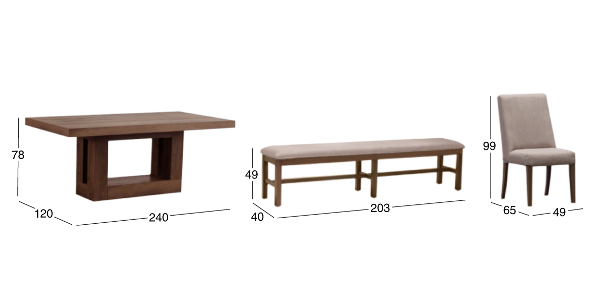 Comedor Rectangular 240 cm Anka con 2 Sillas y 2 Bancas 200 cm Beige
