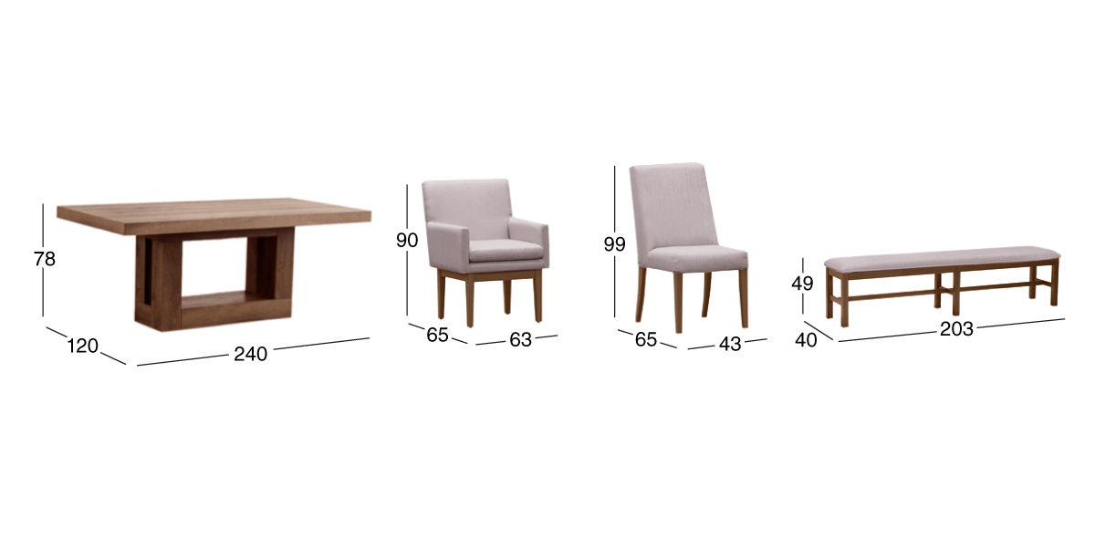 Comedor Rectangular 240 cm Anka con 2 Sillas, 2 Sillones y Banca de 200 cm Beige
