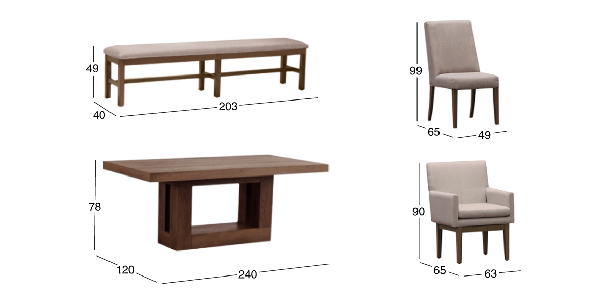 Comedor Rectangular 240 cm Anka con 3 Sillas, 2 Sillones y Banca 200 cm Beige