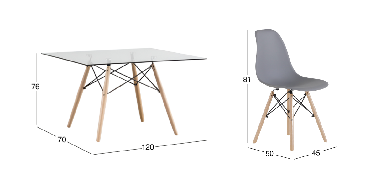 Comedor Rectangular Atlas In Natural con 6 Sillas Gris