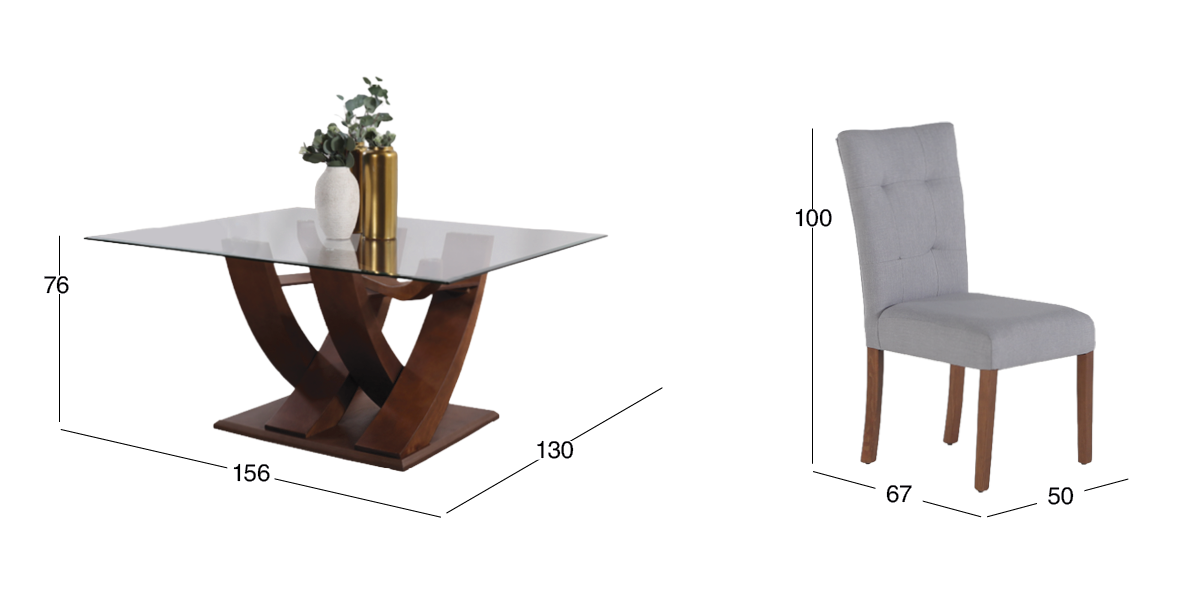 Comedor Rectangular 160 x 130 cm de Cristal Góndola Café y 6 Sillas Gris