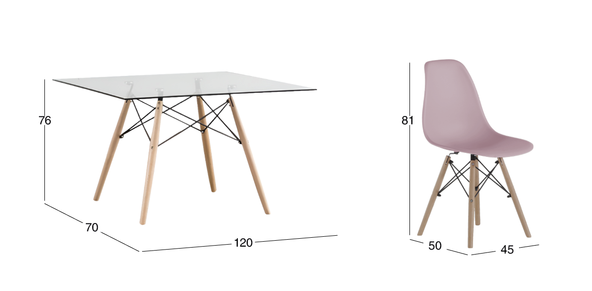 Comedor Rectangular 120 x 70 cm Atlas Natural y 4 Sillas Rosa