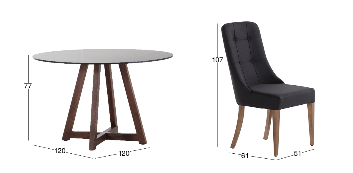 Comedor Redondo 120 cm Hiedra Negro y 4 Sillas Atenea Gris Oxford