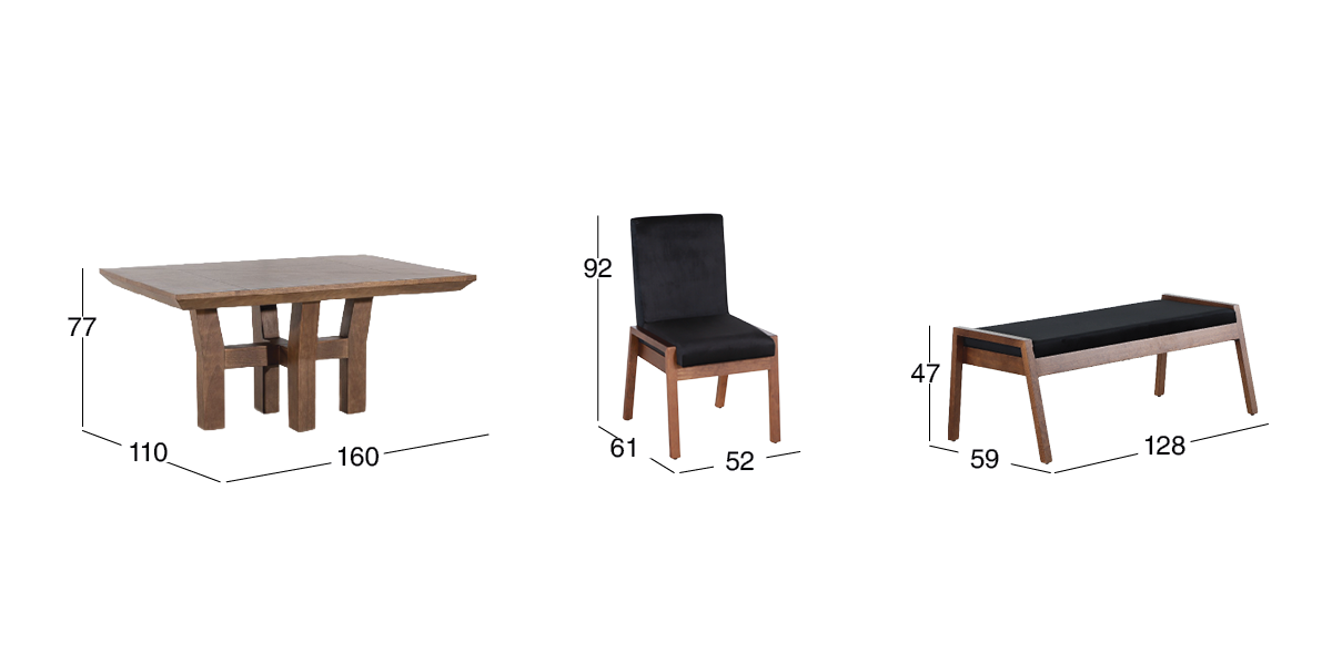 Comedor 160 x 110 cm Kansas con 4 Sillas y Banca 128 cm Negro