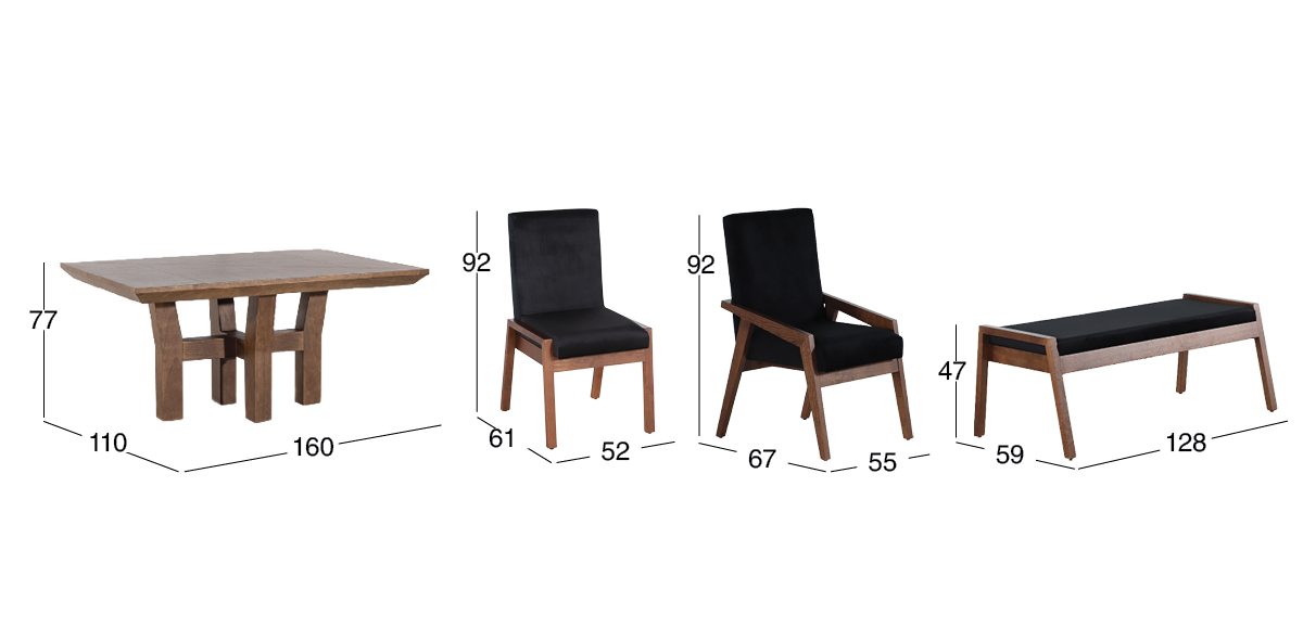 Comedor 160 cm Kansas con 2 Sillas, 2 Sillones y Banca Negro
