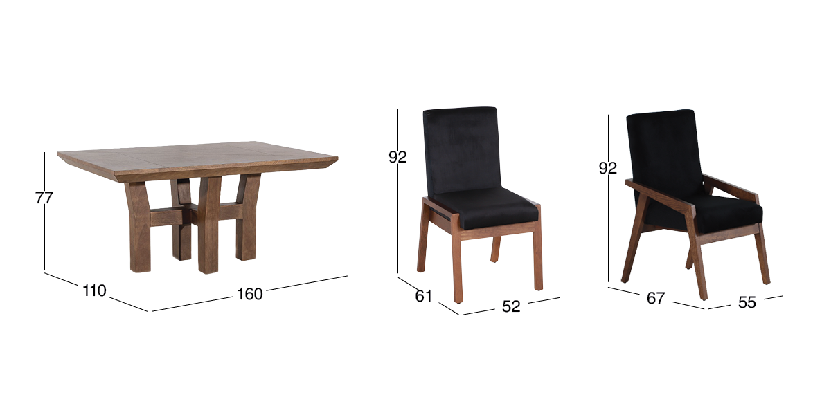 Comedor 160 x 110 cm Kansas con 2 Sillas y 2 Sillones Negro