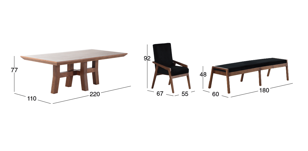 Comedor 220 x 110 cm Kansas con 5 Sillones y Banca 180 cm Negro