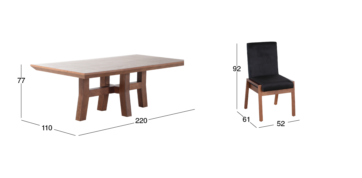 Comedor 220 x 110 cm Kansas con 5 Sillas y Banca 180 cm Negro