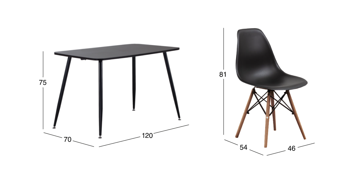 Comedor Rectangular Murcia Café Oscuro y 4 Sillas Atlas Negro