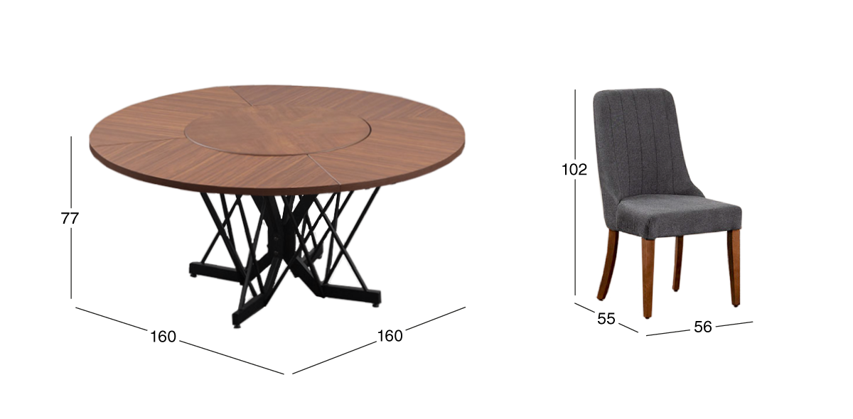 Comedor Redondo 160 cm Piastri con 6 Sillas Gris