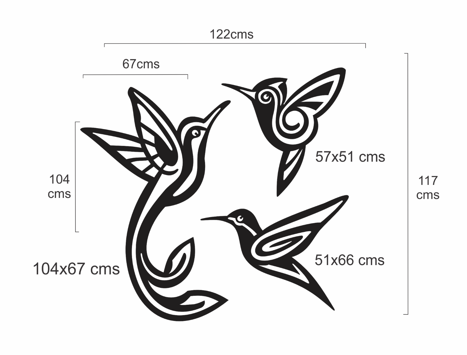 Set de 3 Figuras Decorativas para Pared Colibrís Blanco