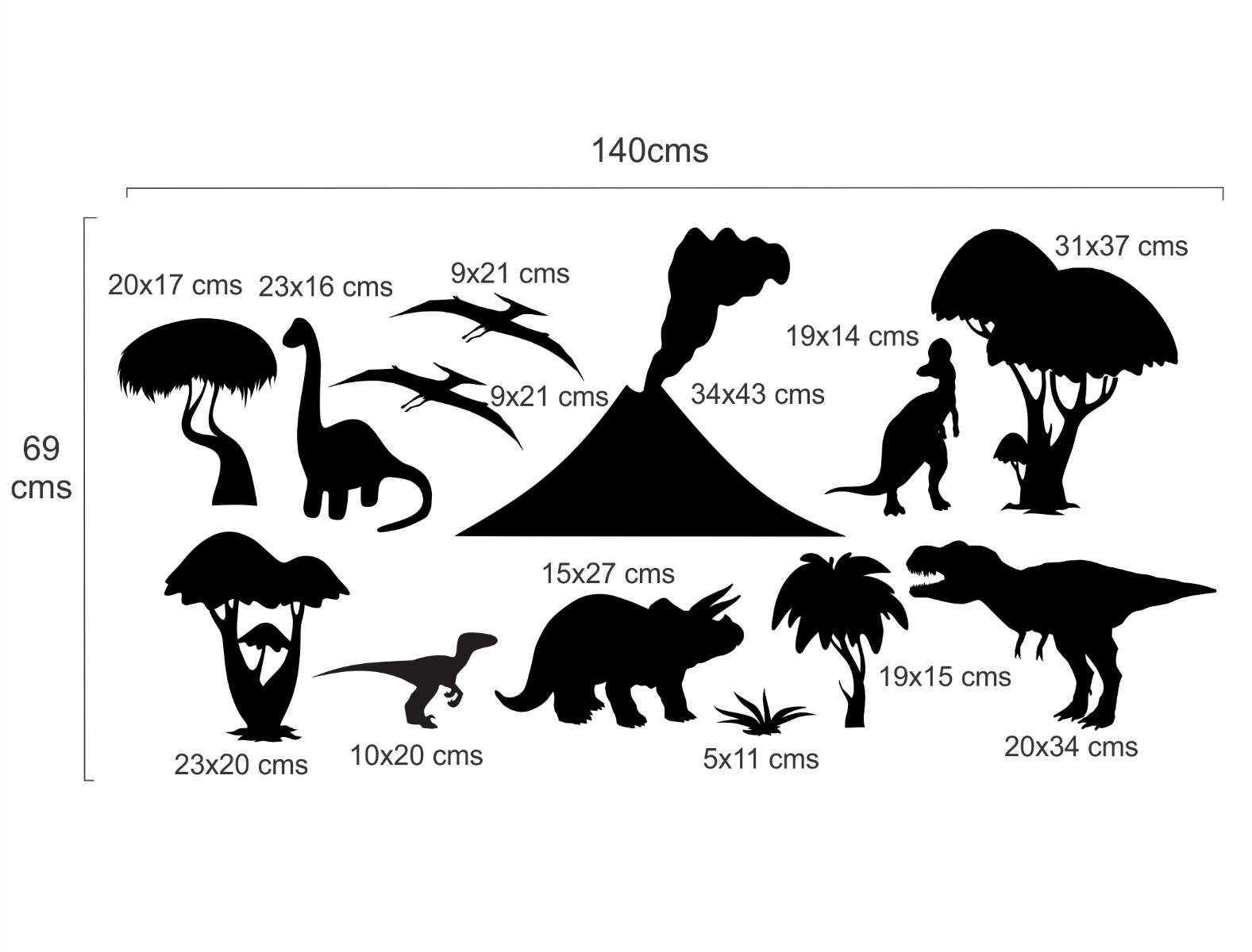 Set de 13 Figuras Decorativas para Pared Dinosaurios Negro